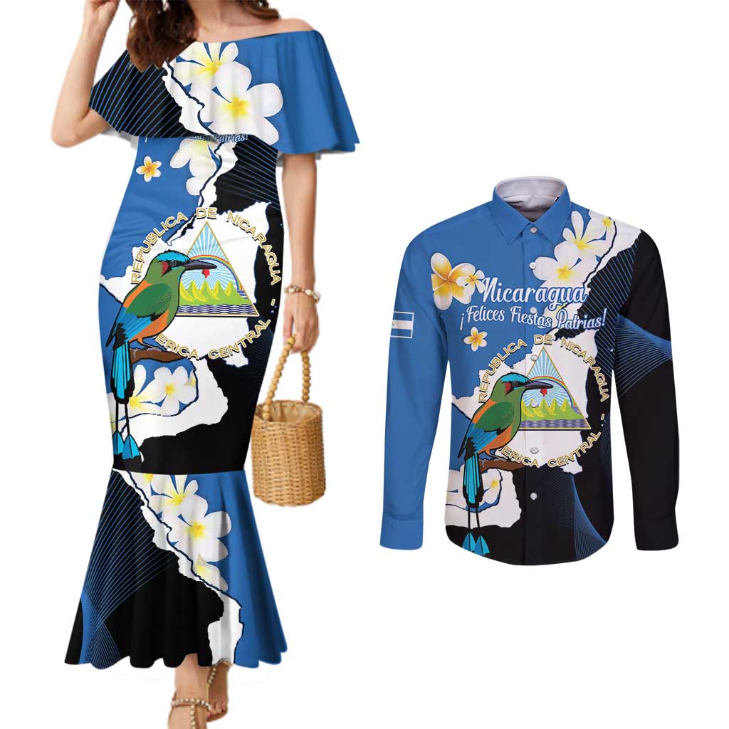 Personalized Nicaragua Independence Day Couples Matching Mermaid Dress and Long Sleeve Button Shirt Nicaraguan Guardabarranco Mix Sacuanjoche Flowers