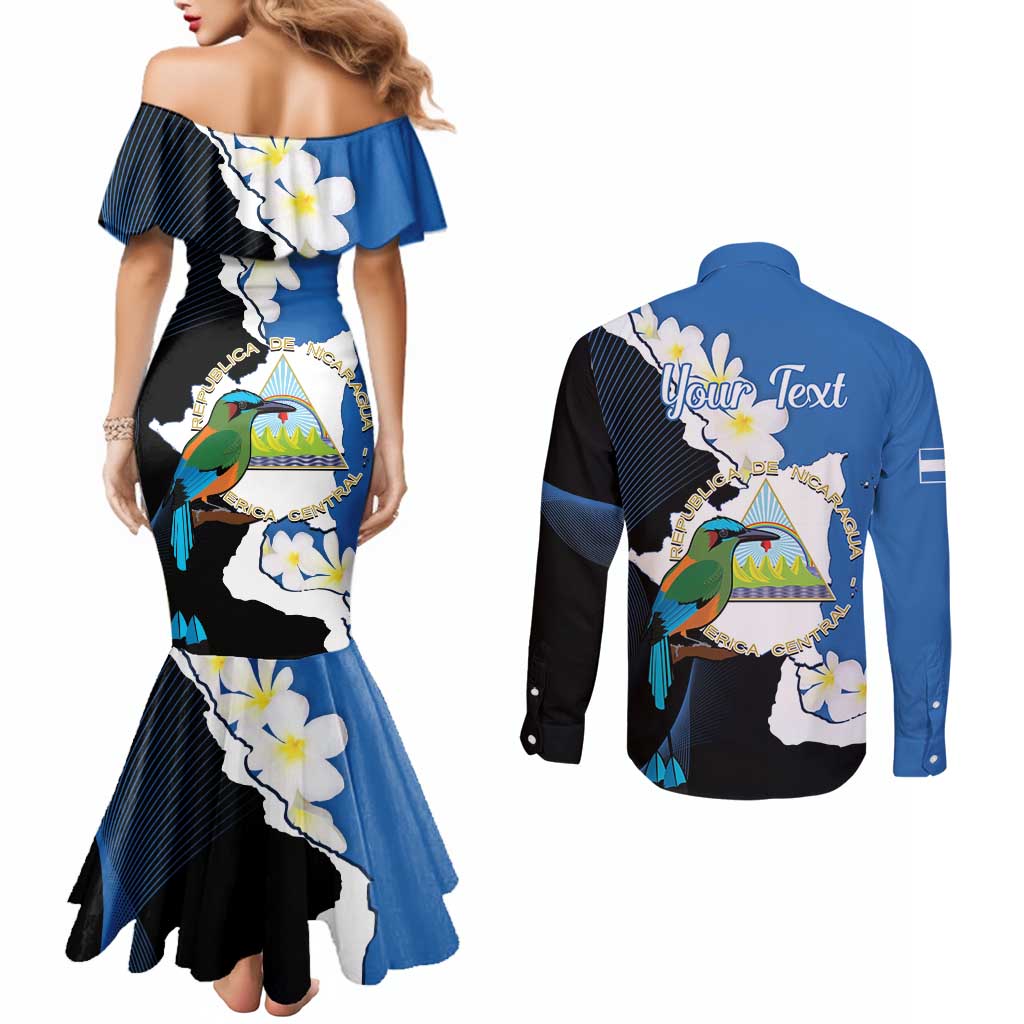 Personalized Nicaragua Independence Day Couples Matching Mermaid Dress and Long Sleeve Button Shirt Nicaraguan Guardabarranco Mix Sacuanjoche Flowers