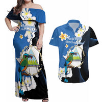 Personalized Nicaragua Independence Day Couples Matching Off Shoulder Maxi Dress and Hawaiian Shirt Nicaraguan Guardabarranco Mix Sacuanjoche Flowers - Wonder Print Shop