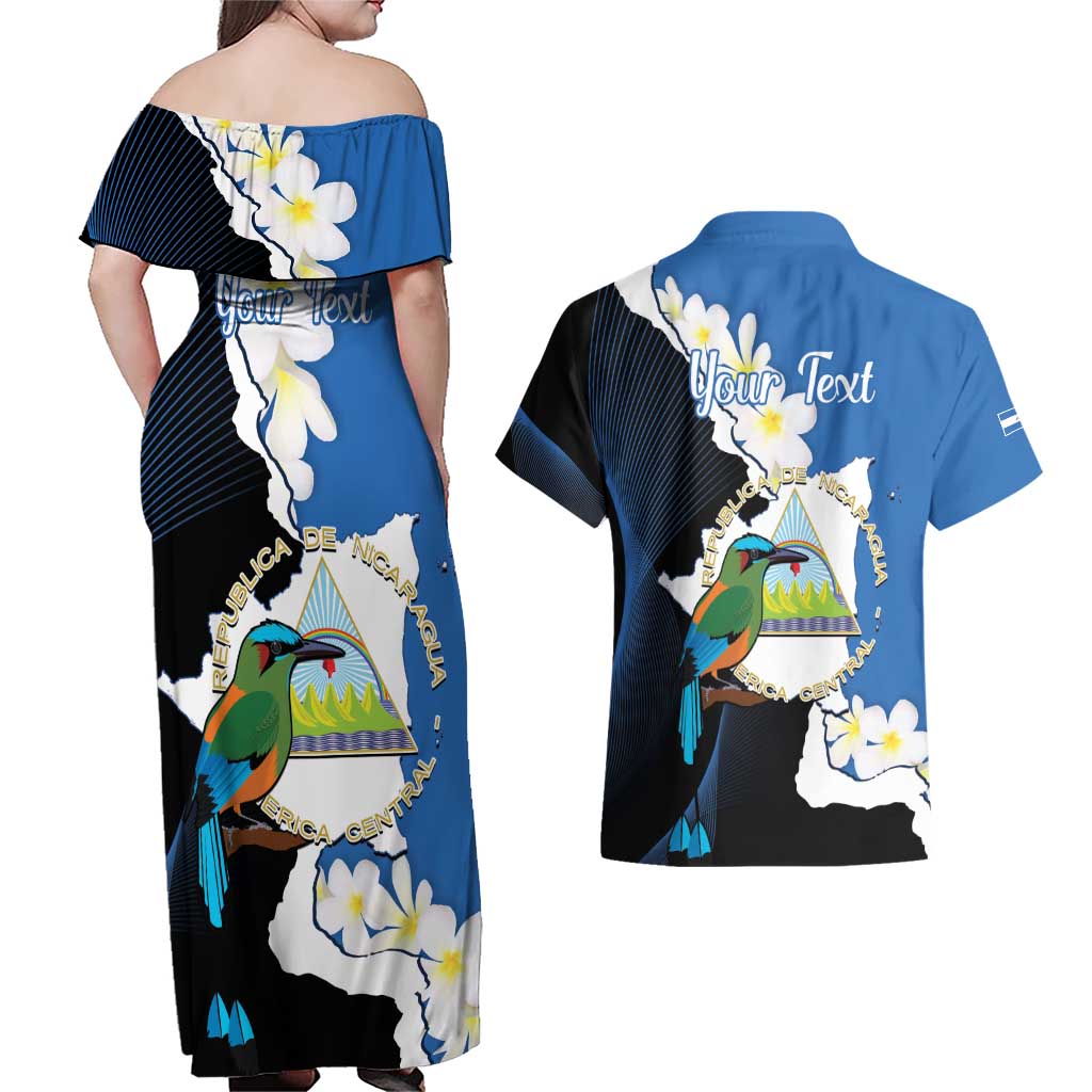 Personalized Nicaragua Independence Day Couples Matching Off Shoulder Maxi Dress and Hawaiian Shirt Nicaraguan Guardabarranco Mix Sacuanjoche Flowers - Wonder Print Shop