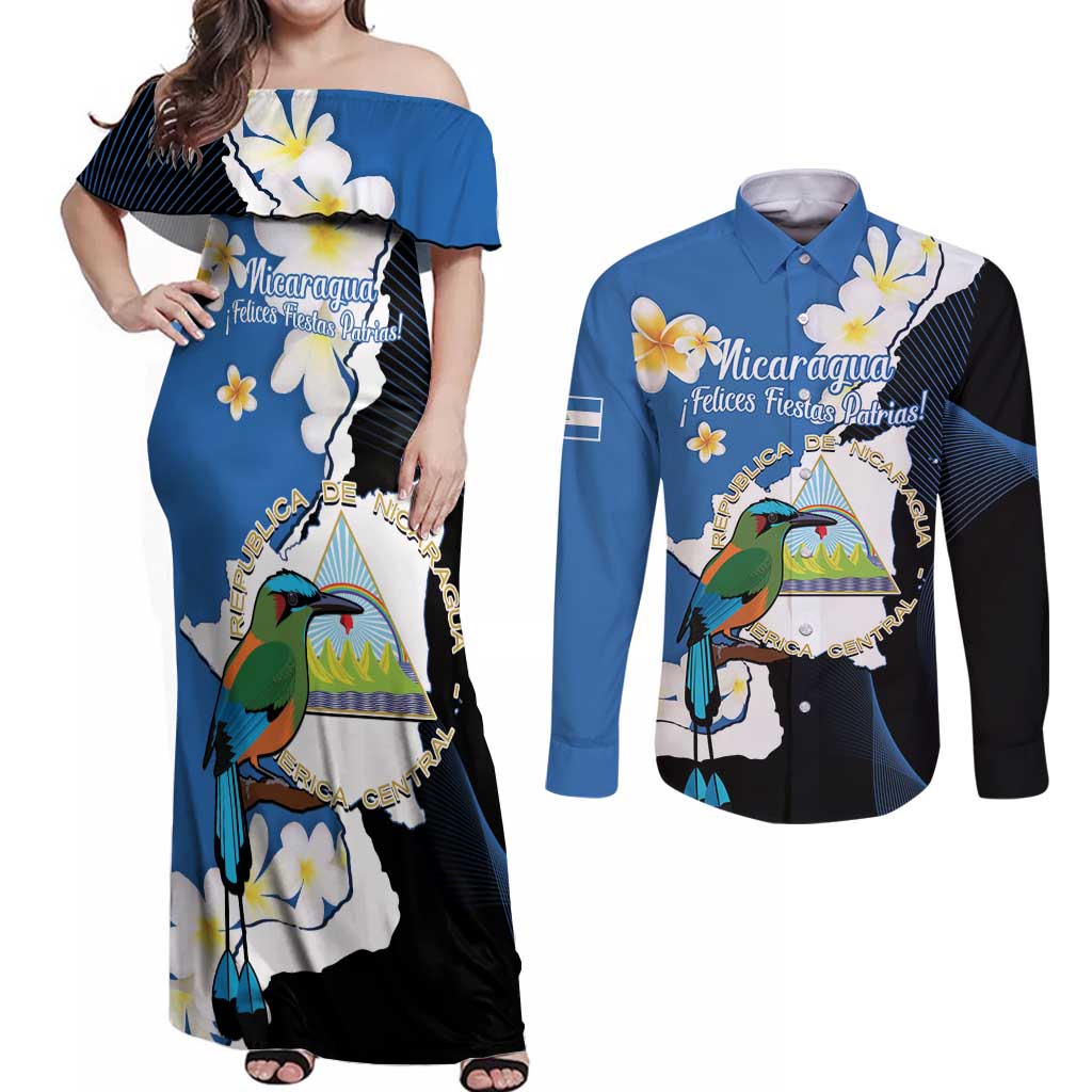 Personalized Nicaragua Independence Day Couples Matching Off Shoulder Maxi Dress and Long Sleeve Button Shirt Nicaraguan Guardabarranco Mix Sacuanjoche Flowers - Wonder Print Shop