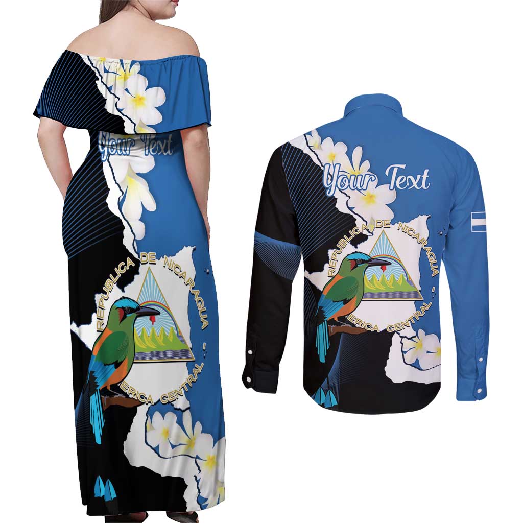 Personalized Nicaragua Independence Day Couples Matching Off Shoulder Maxi Dress and Long Sleeve Button Shirt Nicaraguan Guardabarranco Mix Sacuanjoche Flowers - Wonder Print Shop