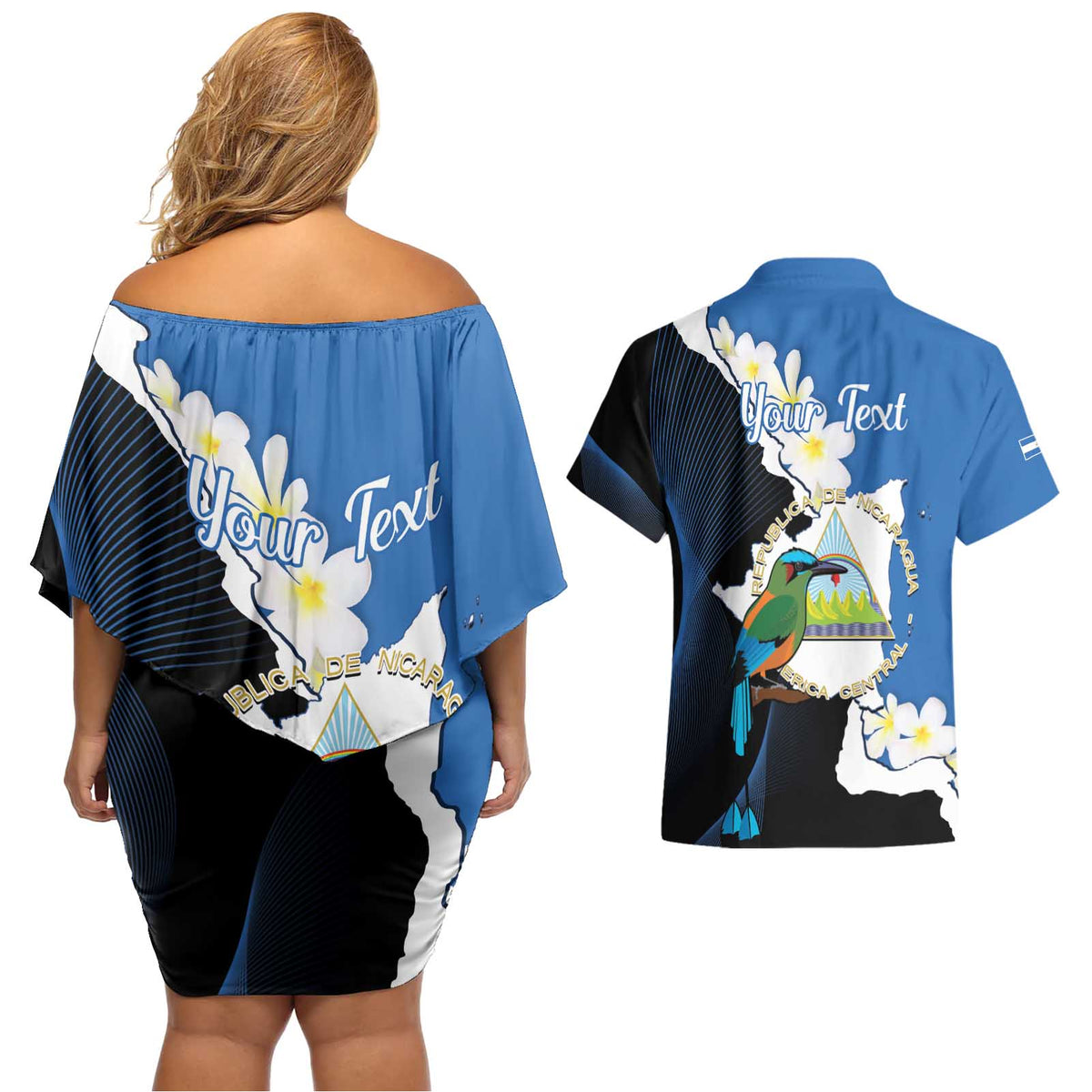 Personalized Nicaragua Independence Day Couples Matching Off Shoulder Short Dress and Hawaiian Shirt Nicaraguan Guardabarranco Mix Sacuanjoche Flowers - Wonder Print Shop