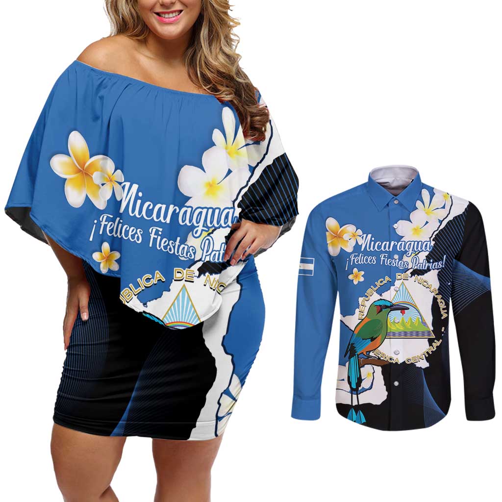 Personalized Nicaragua Independence Day Couples Matching Off Shoulder Short Dress and Long Sleeve Button Shirt Nicaraguan Guardabarranco Mix Sacuanjoche Flowers - Wonder Print Shop