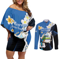 Personalized Nicaragua Independence Day Couples Matching Off Shoulder Short Dress and Long Sleeve Button Shirt Nicaraguan Guardabarranco Mix Sacuanjoche Flowers - Wonder Print Shop