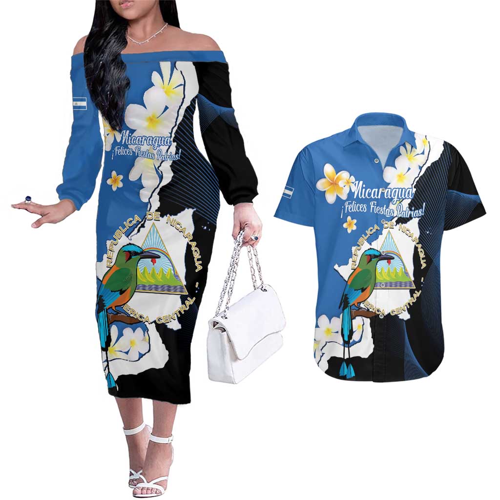 Personalized Nicaragua Independence Day Couples Matching Off The Shoulder Long Sleeve Dress and Hawaiian Shirt Nicaraguan Guardabarranco Mix Sacuanjoche Flowers - Wonder Print Shop