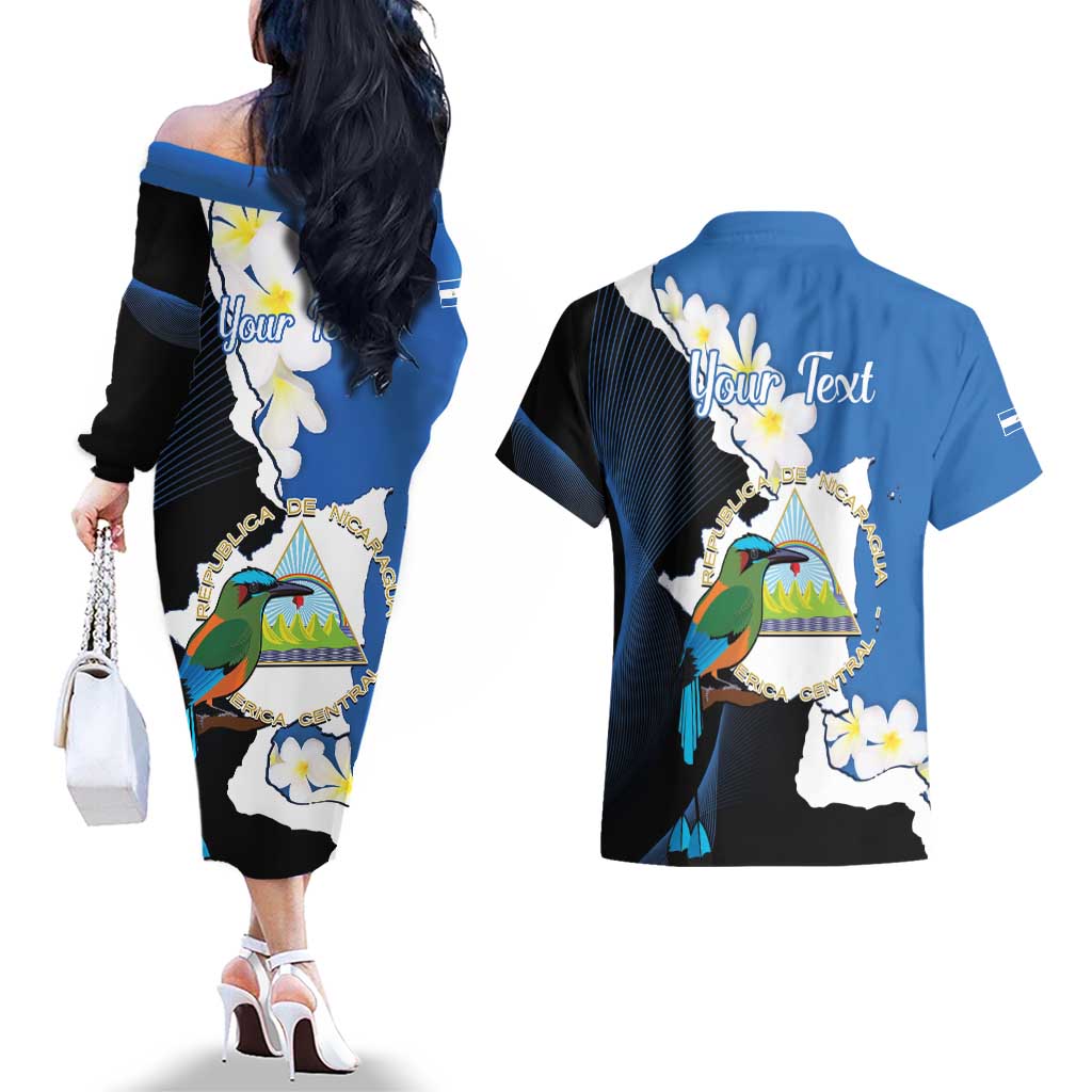 Personalized Nicaragua Independence Day Couples Matching Off The Shoulder Long Sleeve Dress and Hawaiian Shirt Nicaraguan Guardabarranco Mix Sacuanjoche Flowers - Wonder Print Shop