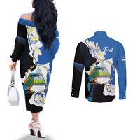 Personalized Nicaragua Independence Day Couples Matching Off The Shoulder Long Sleeve Dress and Long Sleeve Button Shirt Nicaraguan Guardabarranco Mix Sacuanjoche Flowers