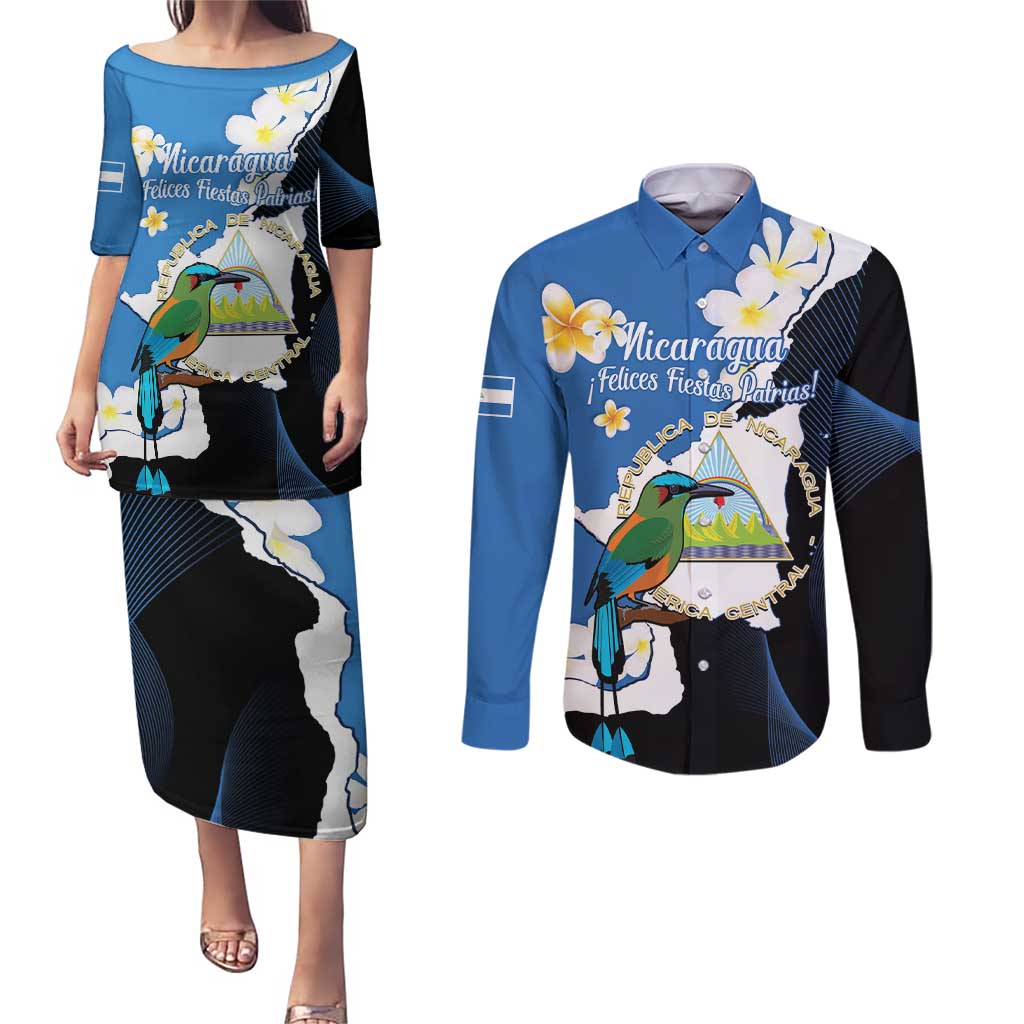 Personalized Nicaragua Independence Day Couples Matching Puletasi and Long Sleeve Button Shirt Nicaraguan Guardabarranco Mix Sacuanjoche Flowers - Wonder Print Shop