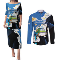 Personalized Nicaragua Independence Day Couples Matching Puletasi and Long Sleeve Button Shirt Nicaraguan Guardabarranco Mix Sacuanjoche Flowers - Wonder Print Shop