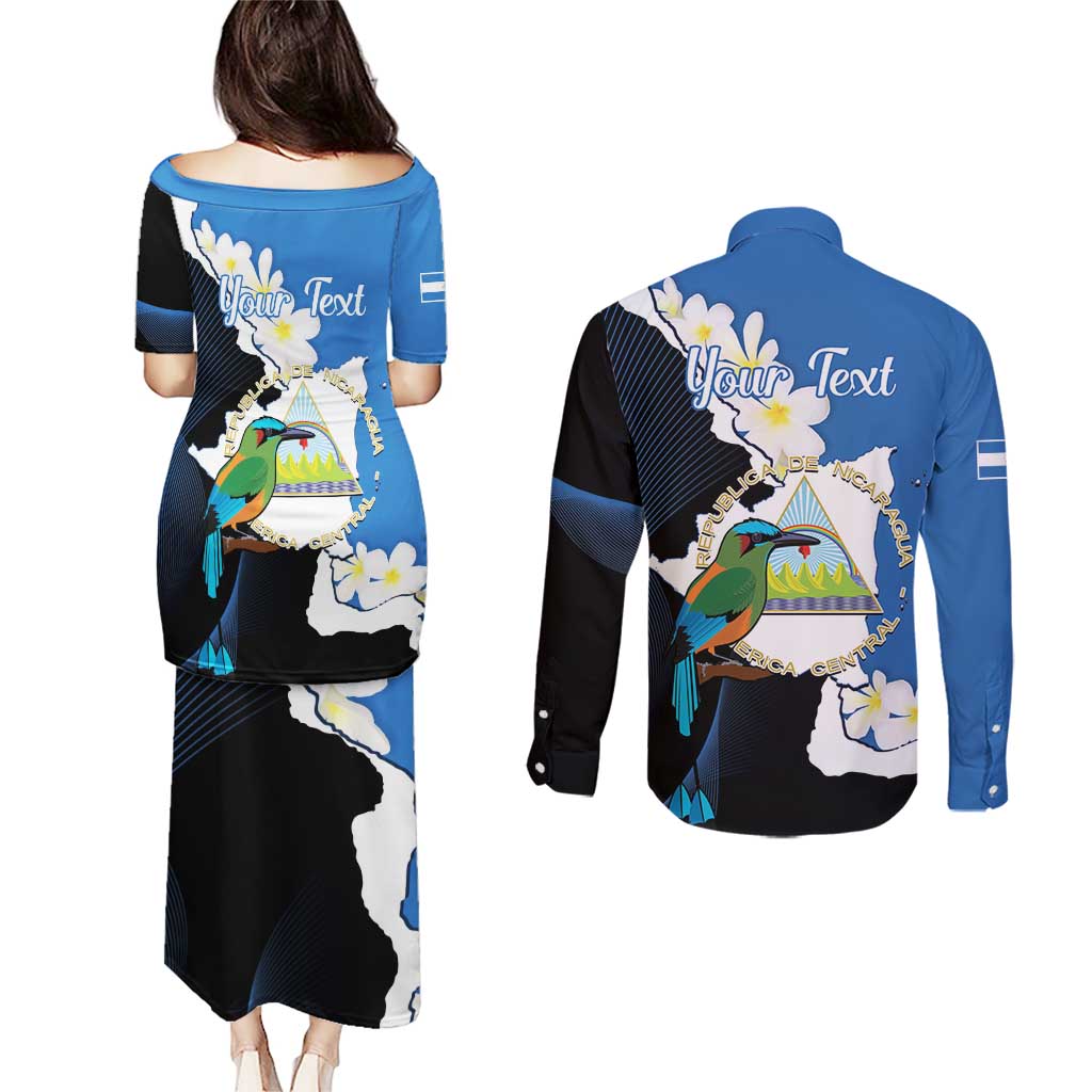 Personalized Nicaragua Independence Day Couples Matching Puletasi and Long Sleeve Button Shirt Nicaraguan Guardabarranco Mix Sacuanjoche Flowers - Wonder Print Shop