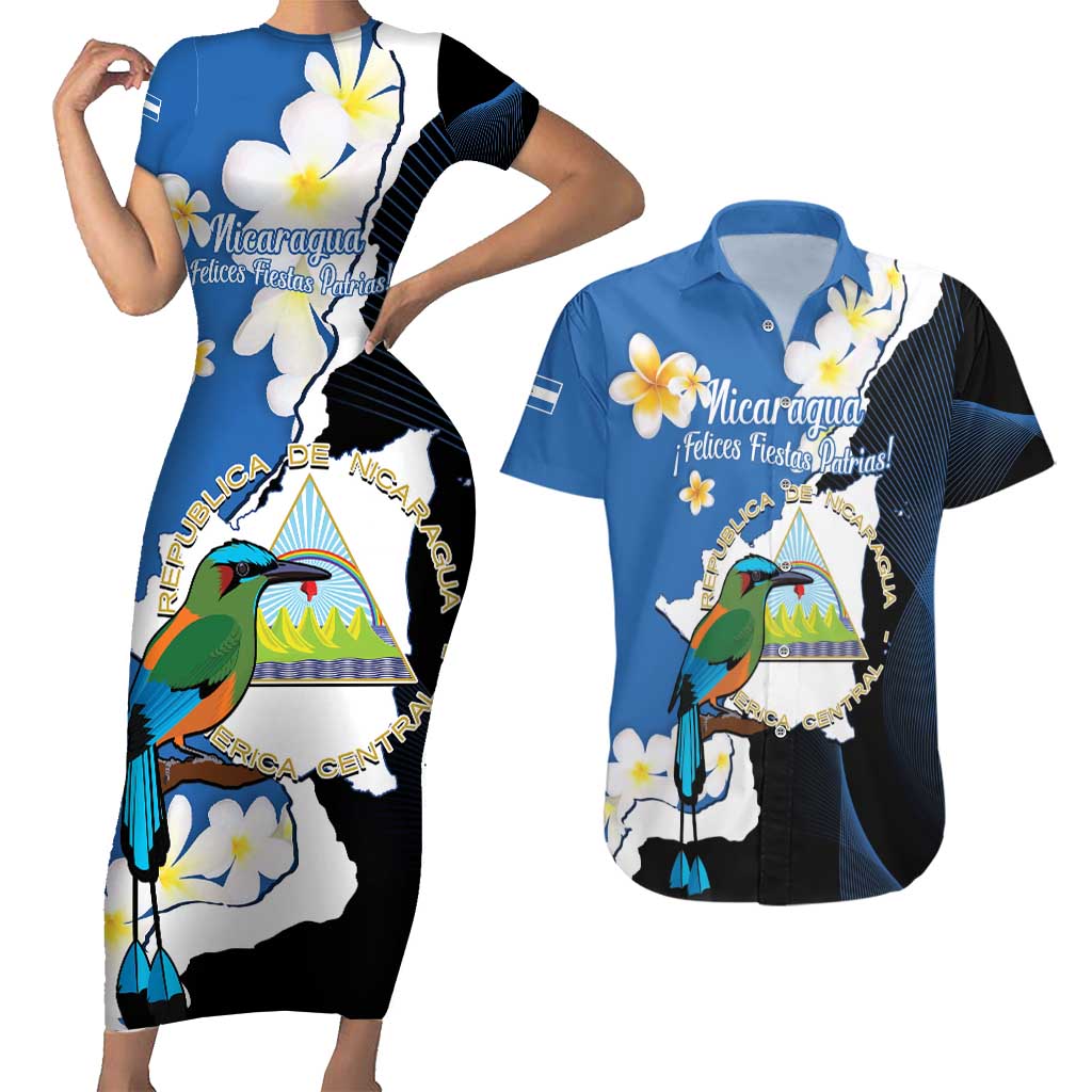 Personalized Nicaragua Independence Day Couples Matching Short Sleeve Bodycon Dress and Hawaiian Shirt Nicaraguan Guardabarranco Mix Sacuanjoche Flowers - Wonder Print Shop