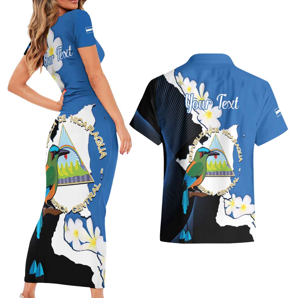 Personalized Nicaragua Independence Day Couples Matching Short Sleeve Bodycon Dress and Hawaiian Shirt Nicaraguan Guardabarranco Mix Sacuanjoche Flowers - Wonder Print Shop
