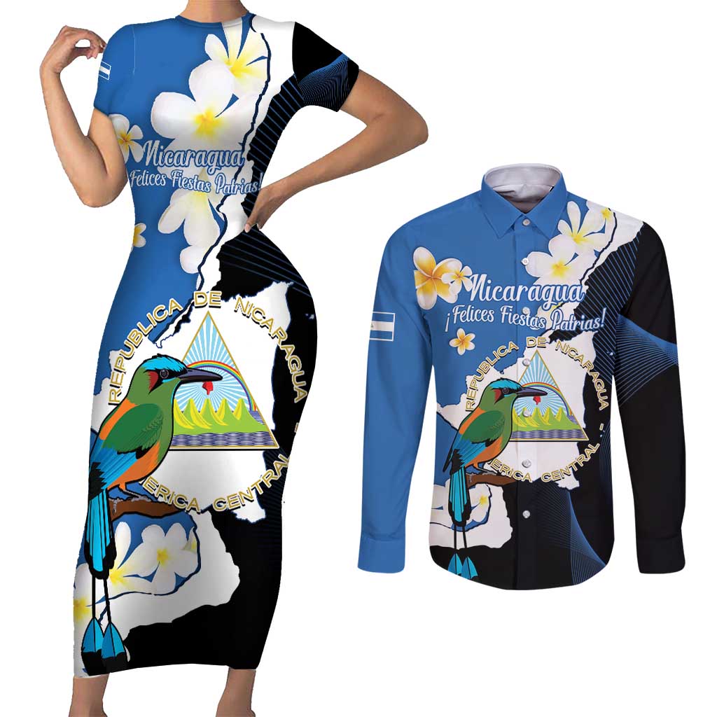 Personalized Nicaragua Independence Day Couples Matching Short Sleeve Bodycon Dress and Long Sleeve Button Shirt Nicaraguan Guardabarranco Mix Sacuanjoche Flowers - Wonder Print Shop