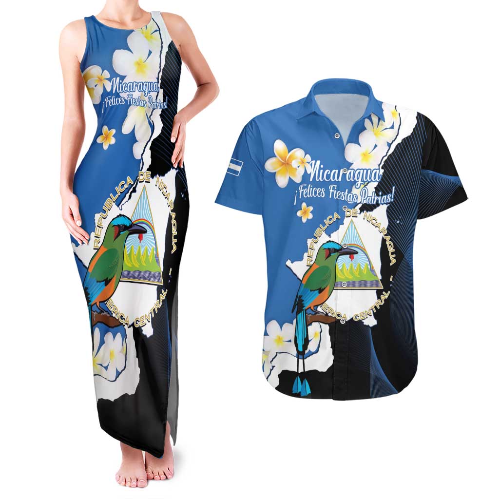 Personalized Nicaragua Independence Day Couples Matching Tank Maxi Dress and Hawaiian Shirt Nicaraguan Guardabarranco Mix Sacuanjoche Flowers - Wonder Print Shop