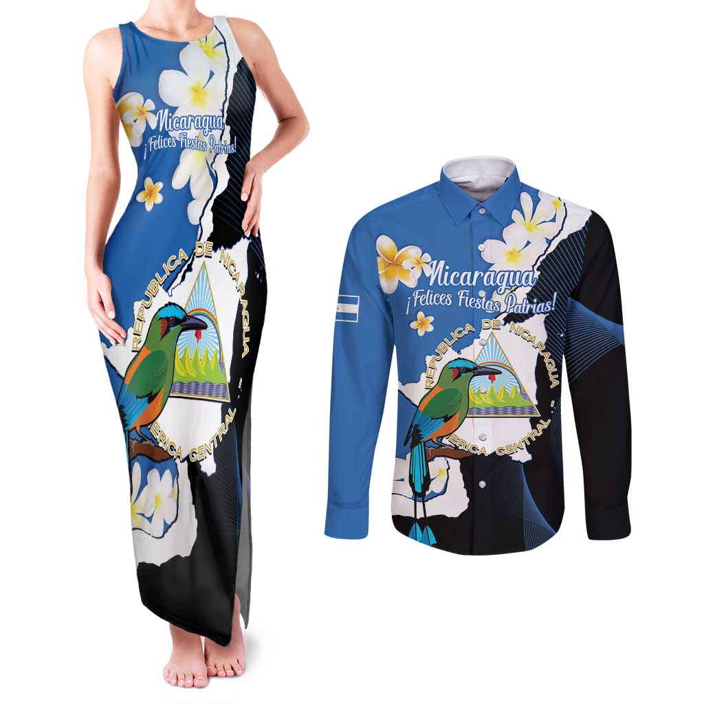 Personalized Nicaragua Independence Day Couples Matching Tank Maxi Dress and Long Sleeve Button Shirt Nicaraguan Guardabarranco Mix Sacuanjoche Flowers - Wonder Print Shop