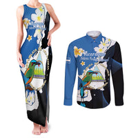 Personalized Nicaragua Independence Day Couples Matching Tank Maxi Dress and Long Sleeve Button Shirt Nicaraguan Guardabarranco Mix Sacuanjoche Flowers - Wonder Print Shop