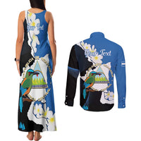 Personalized Nicaragua Independence Day Couples Matching Tank Maxi Dress and Long Sleeve Button Shirt Nicaraguan Guardabarranco Mix Sacuanjoche Flowers - Wonder Print Shop