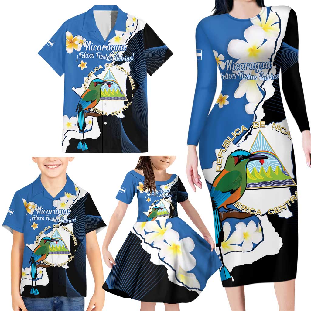 Personalized Nicaragua Independence Day Family Matching Long Sleeve Bodycon Dress and Hawaiian Shirt Nicaraguan Guardabarranco Mix Sacuanjoche Flowers - Wonder Print Shop