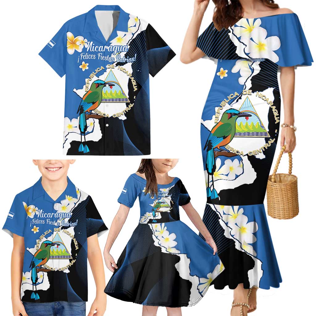 Personalized Nicaragua Independence Day Family Matching Mermaid Dress and Hawaiian Shirt Nicaraguan Guardabarranco Mix Sacuanjoche Flowers - Wonder Print Shop