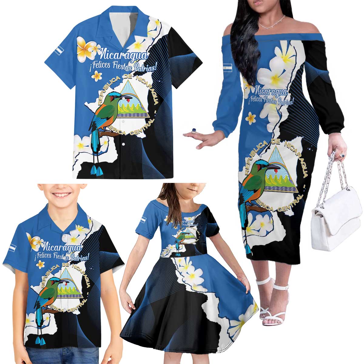 Personalized Nicaragua Independence Day Family Matching Off The Shoulder Long Sleeve Dress and Hawaiian Shirt Nicaraguan Guardabarranco Mix Sacuanjoche Flowers - Wonder Print Shop