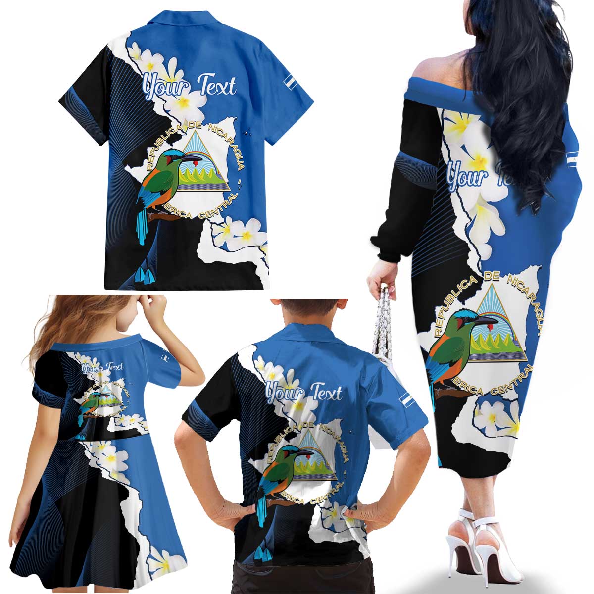 Personalized Nicaragua Independence Day Family Matching Off The Shoulder Long Sleeve Dress and Hawaiian Shirt Nicaraguan Guardabarranco Mix Sacuanjoche Flowers - Wonder Print Shop