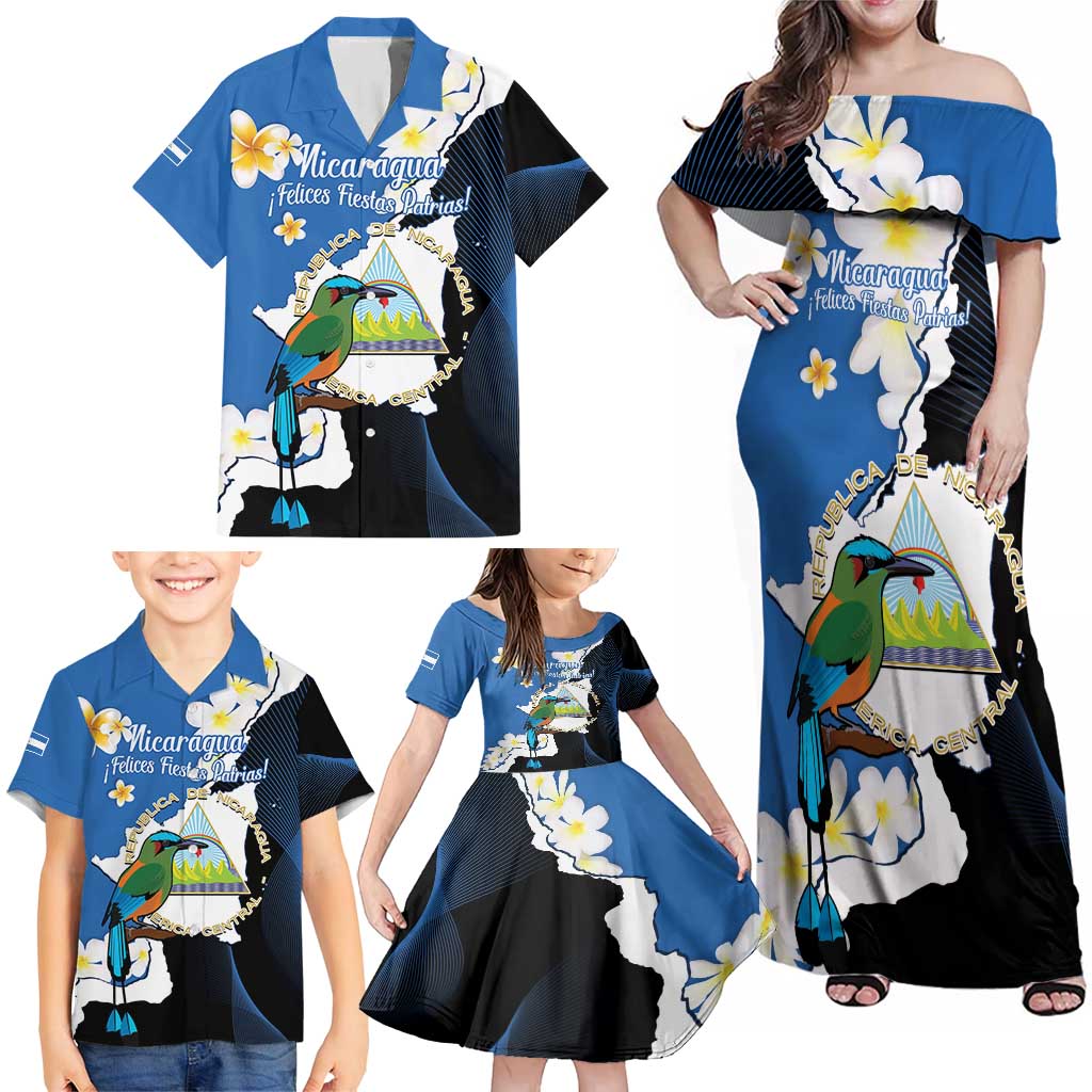 Personalized Nicaragua Independence Day Family Matching Off Shoulder Maxi Dress and Hawaiian Shirt Nicaraguan Guardabarranco Mix Sacuanjoche Flowers - Wonder Print Shop