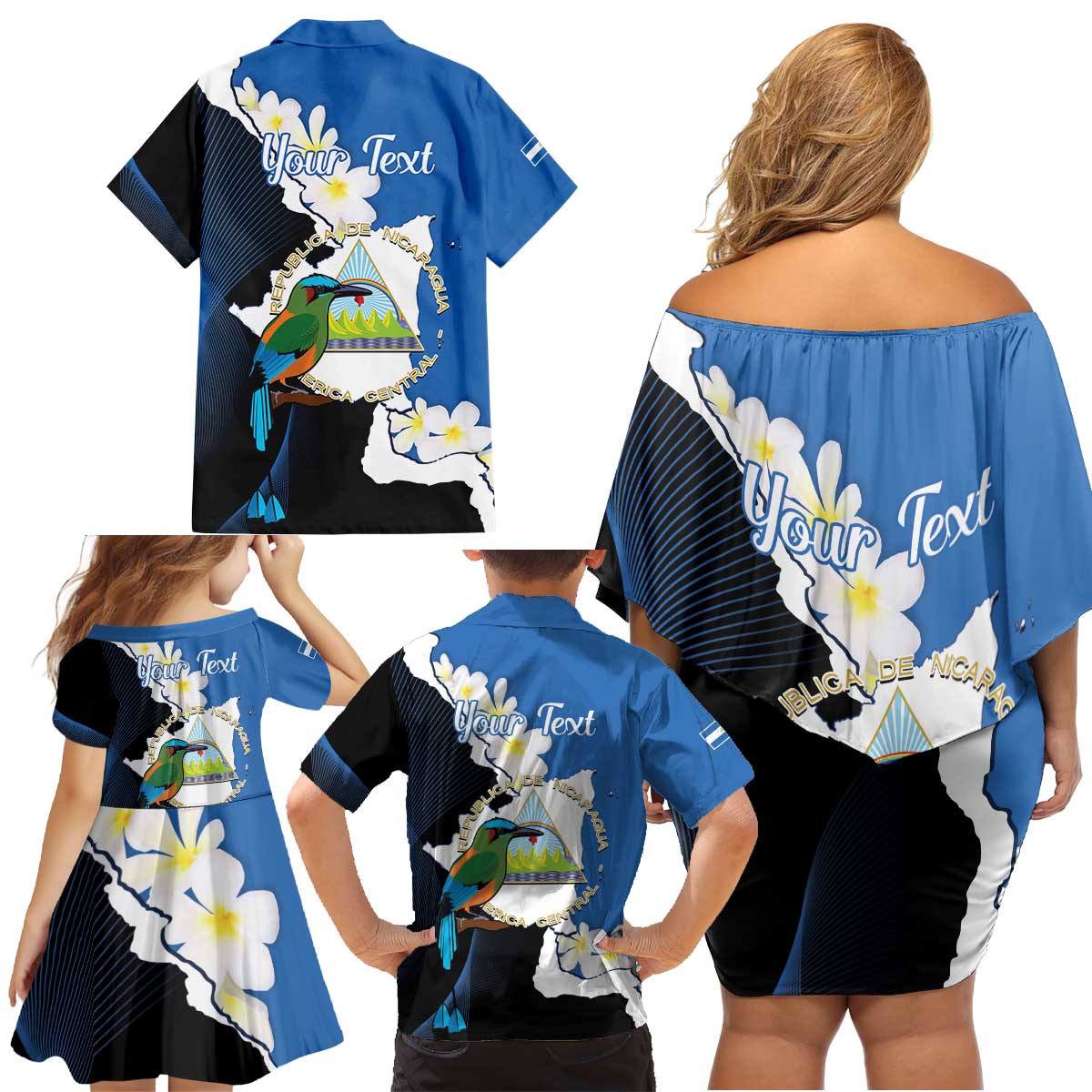 Personalized Nicaragua Independence Day Family Matching Off Shoulder Short Dress and Hawaiian Shirt Nicaraguan Guardabarranco Mix Sacuanjoche Flowers - Wonder Print Shop
