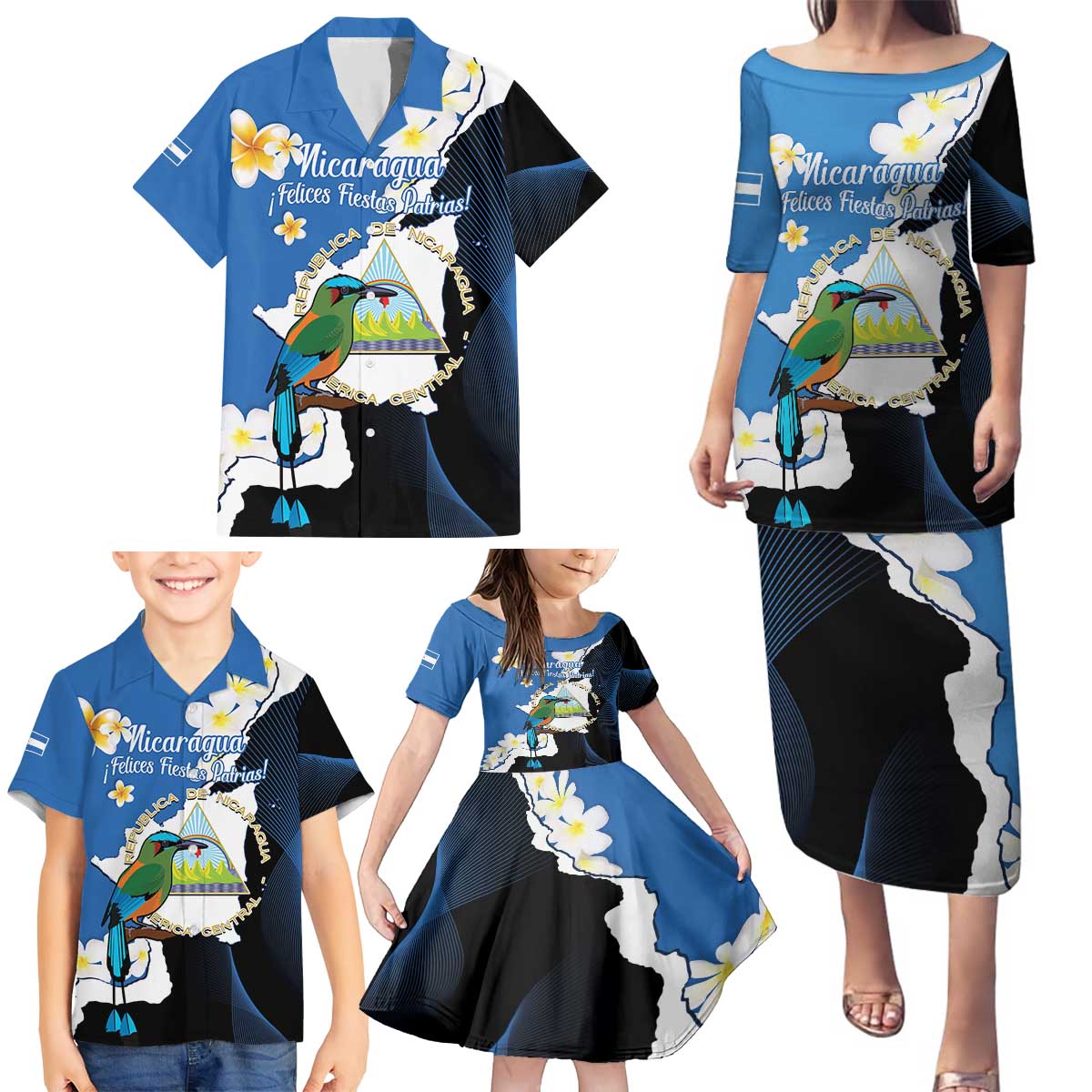 Personalized Nicaragua Independence Day Family Matching Puletasi and Hawaiian Shirt Nicaraguan Guardabarranco Mix Sacuanjoche Flowers - Wonder Print Shop