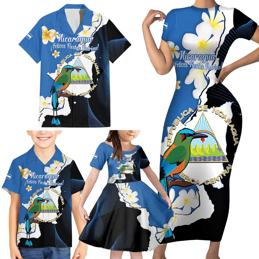 Personalized Nicaragua Independence Day Family Matching Short Sleeve Bodycon Dress and Hawaiian Shirt Nicaraguan Guardabarranco Mix Sacuanjoche Flowers - Wonder Print Shop