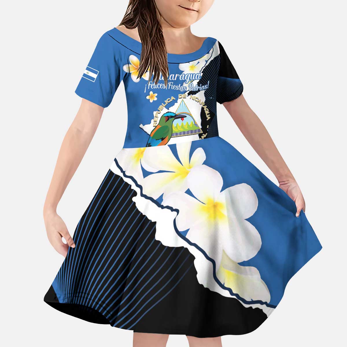 Personalized Nicaragua Independence Day Kid Short Sleeve Dress Nicaraguan Guardabarranco Mix Sacuanjoche Flowers - Wonder Print Shop