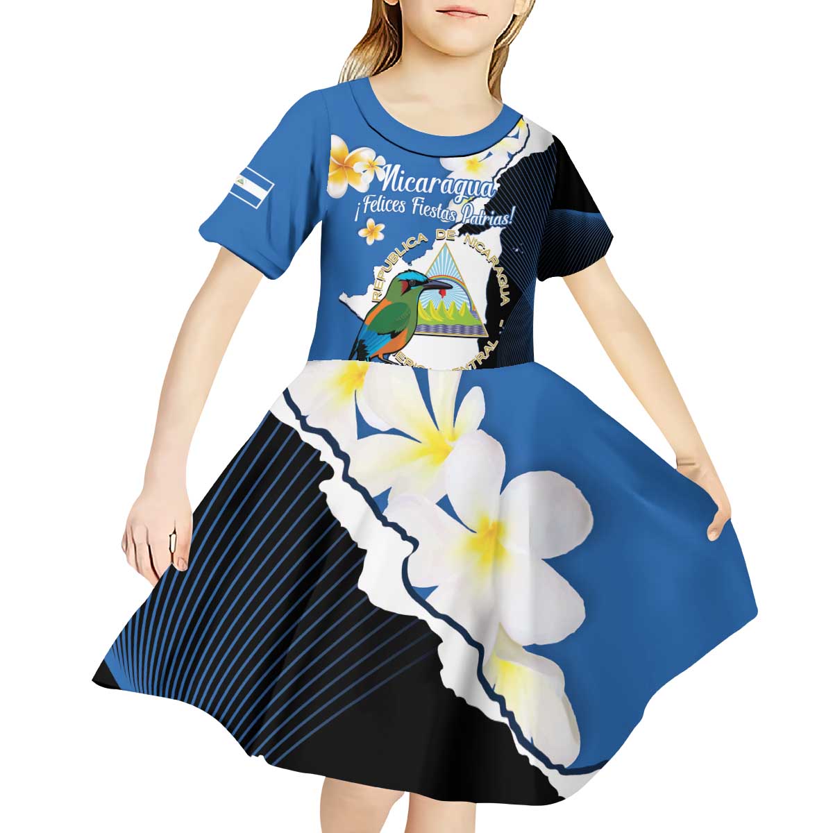 Personalized Nicaragua Independence Day Kid Short Sleeve Dress Nicaraguan Guardabarranco Mix Sacuanjoche Flowers - Wonder Print Shop