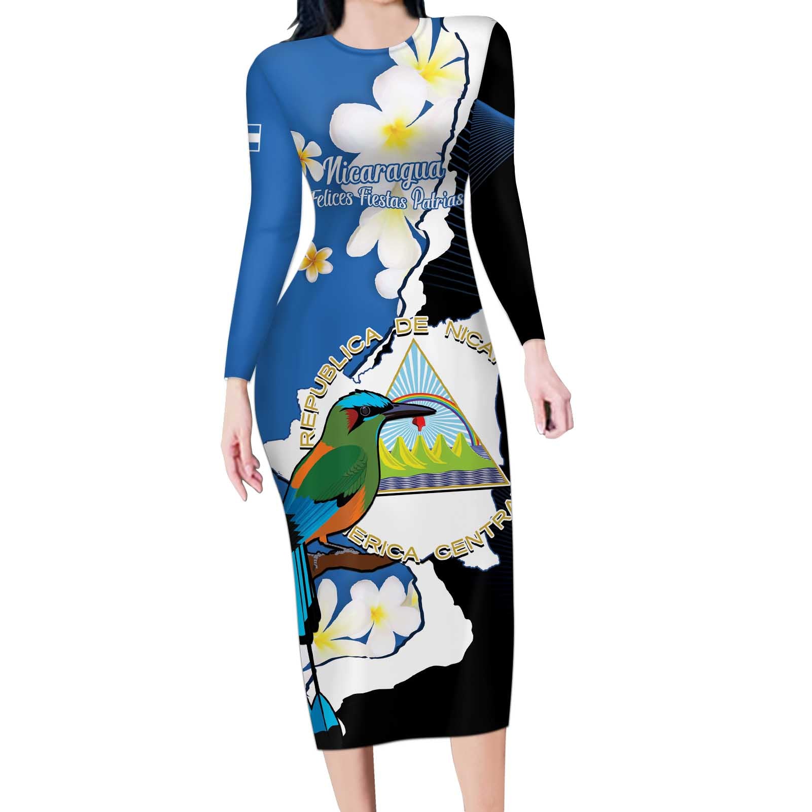 Personalized Nicaragua Independence Day Long Sleeve Bodycon Dress Nicaraguan Guardabarranco Mix Sacuanjoche Flowers - Wonder Print Shop