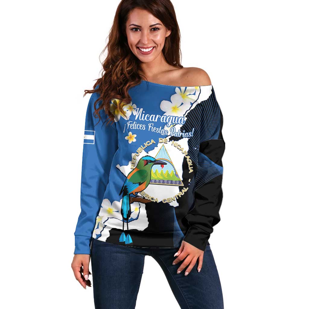 Personalized Nicaragua Independence Day Off Shoulder Sweater Nicaraguan Guardabarranco Mix Sacuanjoche Flowers - Wonder Print Shop