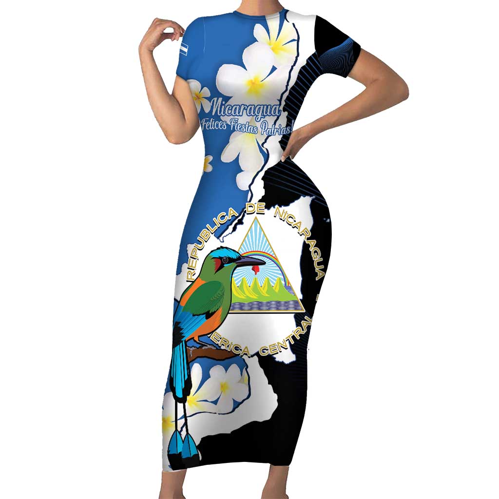 Personalized Nicaragua Independence Day Short Sleeve Bodycon Dress Nicaraguan Guardabarranco Mix Sacuanjoche Flowers - Wonder Print Shop