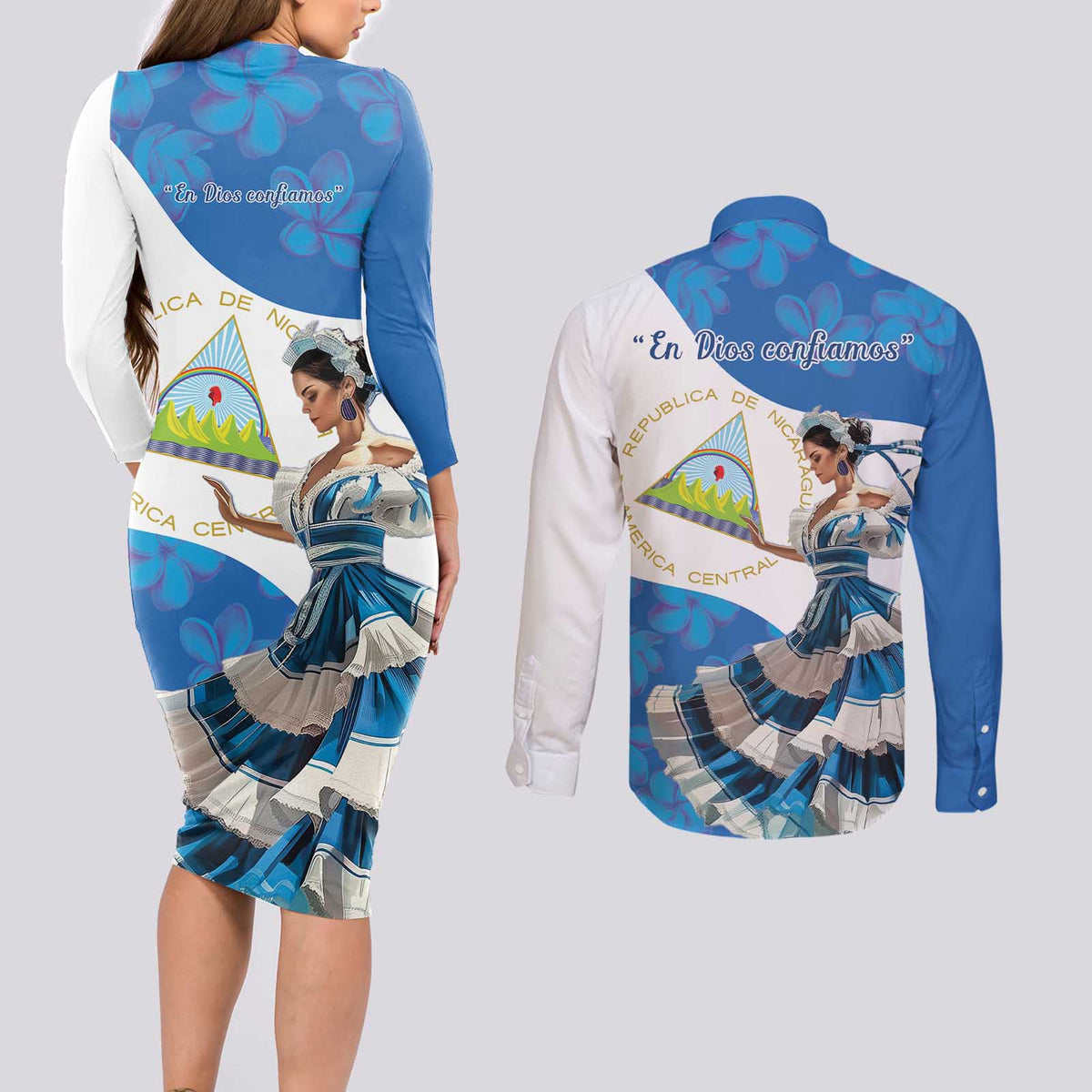Felices Fiestas Patrias Nicaragua Couples Matching Long Sleeve Bodycon Dress and Long Sleeve Button Shirt Bailes Nicaraguan Girl - Wonder Print Shop