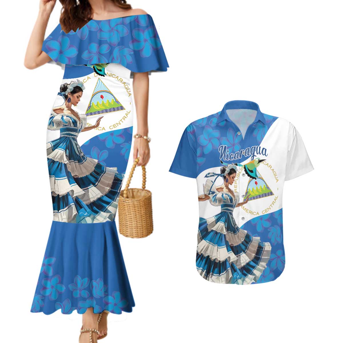 Felices Fiestas Patrias Nicaragua Couples Matching Mermaid Dress and Hawaiian Shirt Bailes Nicaraguan Girl - Wonder Print Shop