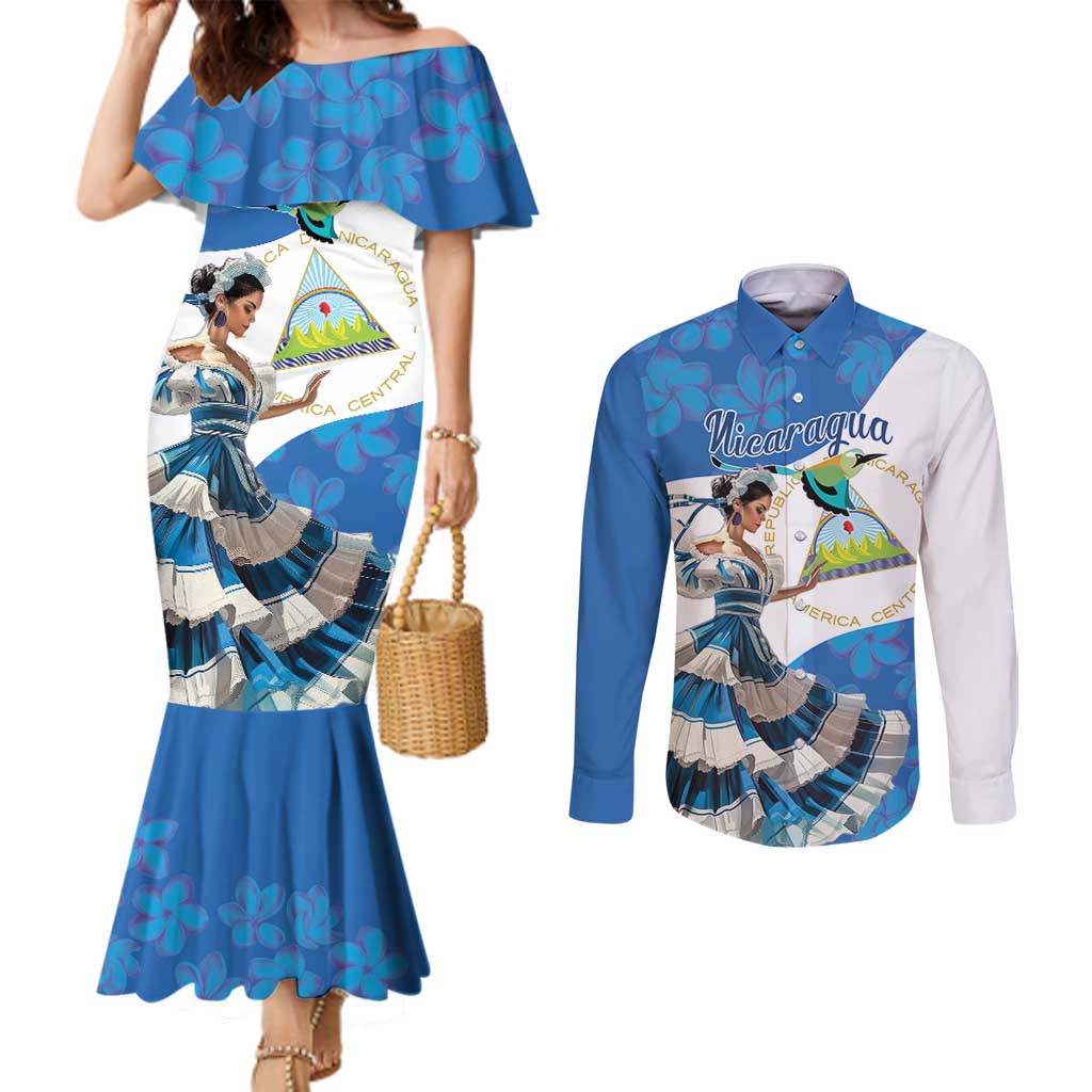 Felices Fiestas Patrias Nicaragua Couples Matching Mermaid Dress and Long Sleeve Button Shirt Bailes Nicaraguan Girl
