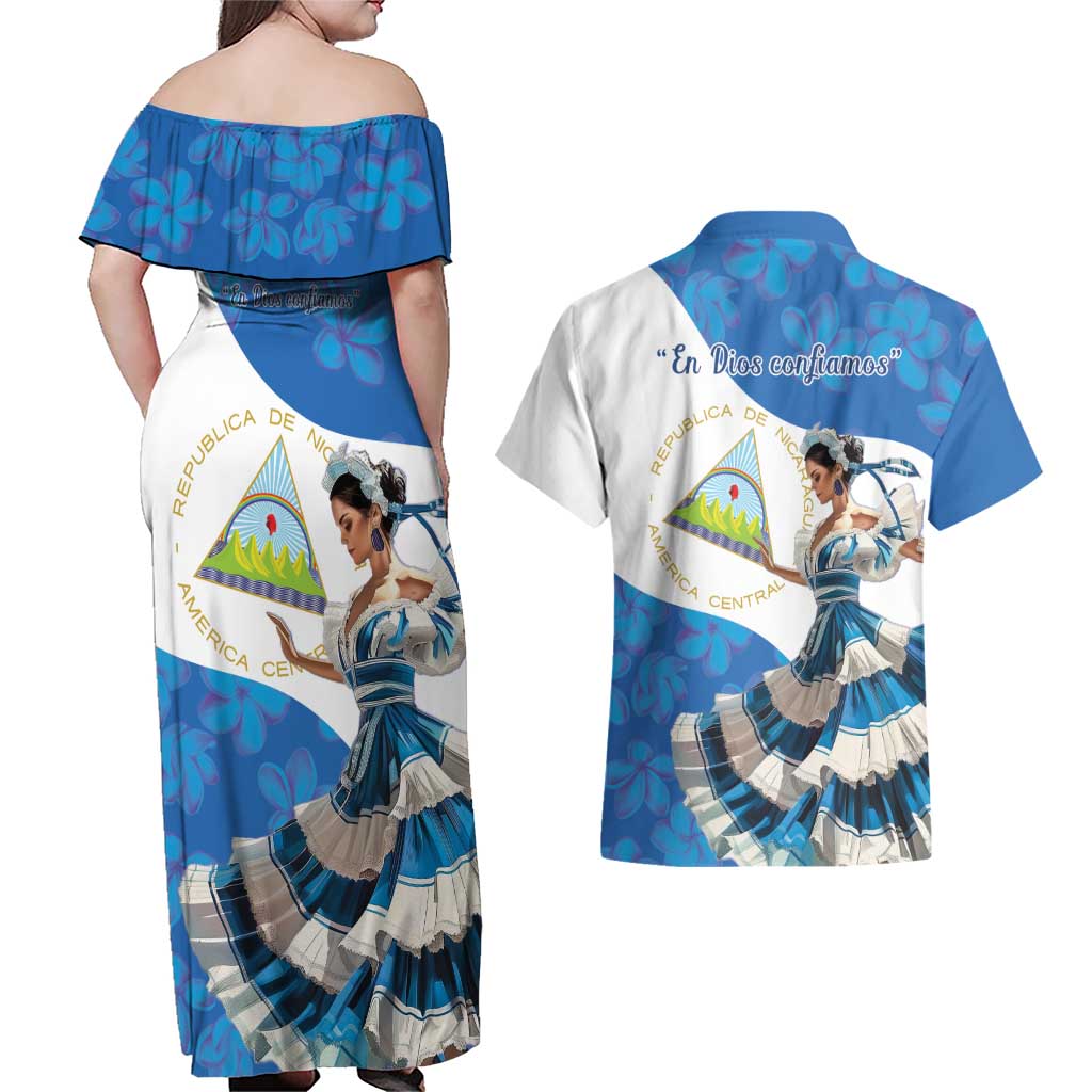 Felices Fiestas Patrias Nicaragua Couples Matching Off Shoulder Maxi Dress and Hawaiian Shirt Bailes Nicaraguan Girl - Wonder Print Shop
