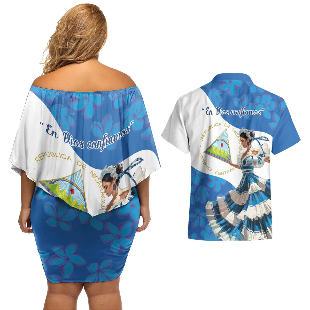 Felices Fiestas Patrias Nicaragua Couples Matching Off Shoulder Short Dress and Hawaiian Shirt Bailes Nicaraguan Girl - Wonder Print Shop
