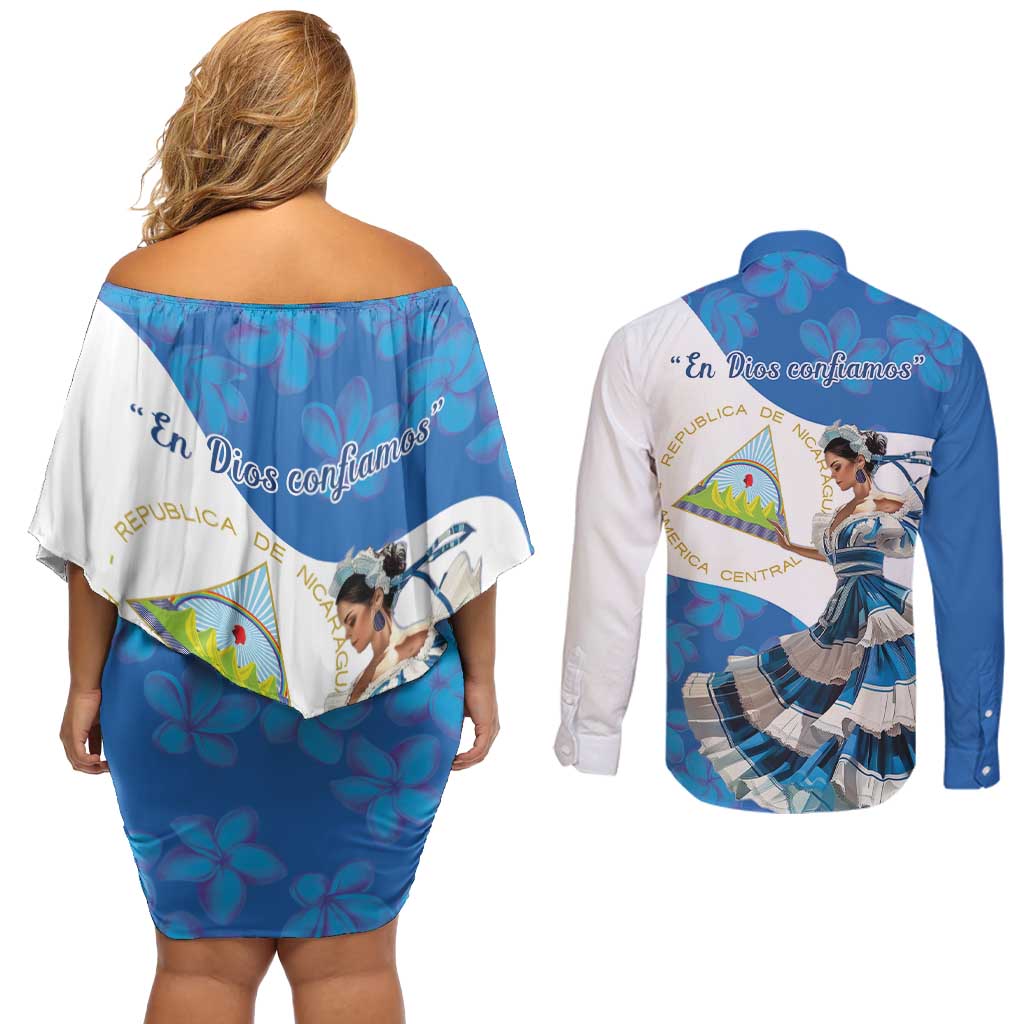 Felices Fiestas Patrias Nicaragua Couples Matching Off Shoulder Short Dress and Long Sleeve Button Shirt Bailes Nicaraguan Girl - Wonder Print Shop