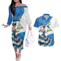 Felices Fiestas Patrias Nicaragua Couples Matching Off The Shoulder Long Sleeve Dress and Hawaiian Shirt Bailes Nicaraguan Girl - Wonder Print Shop