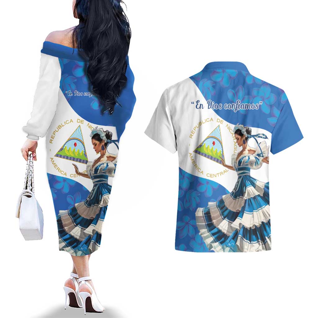 Felices Fiestas Patrias Nicaragua Couples Matching Off The Shoulder Long Sleeve Dress and Hawaiian Shirt Bailes Nicaraguan Girl - Wonder Print Shop