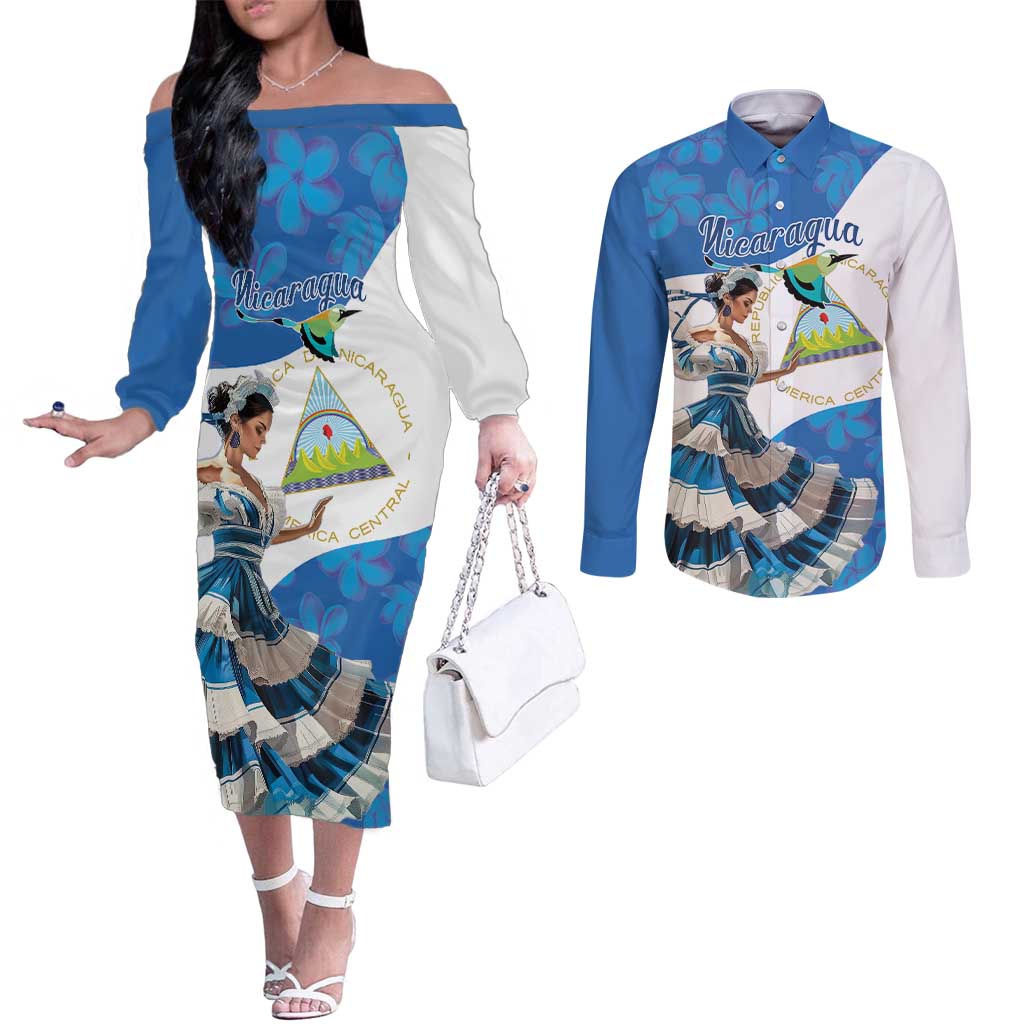Felices Fiestas Patrias Nicaragua Couples Matching Off The Shoulder Long Sleeve Dress and Long Sleeve Button Shirt Bailes Nicaraguan Girl