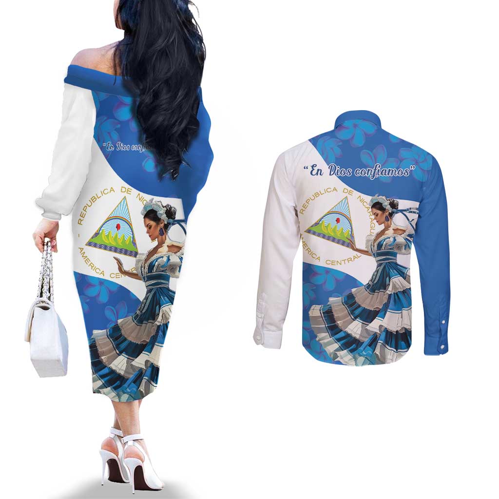 Felices Fiestas Patrias Nicaragua Couples Matching Off The Shoulder Long Sleeve Dress and Long Sleeve Button Shirt Bailes Nicaraguan Girl