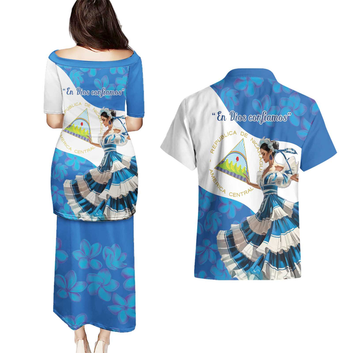 Felices Fiestas Patrias Nicaragua Couples Matching Puletasi and Hawaiian Shirt Bailes Nicaraguan Girl - Wonder Print Shop
