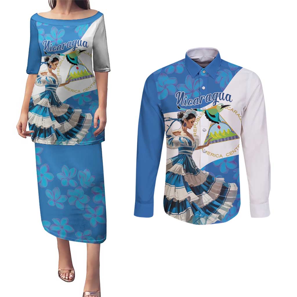 Felices Fiestas Patrias Nicaragua Couples Matching Puletasi and Long Sleeve Button Shirt Bailes Nicaraguan Girl - Wonder Print Shop