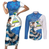 Felices Fiestas Patrias Nicaragua Couples Matching Short Sleeve Bodycon Dress and Long Sleeve Button Shirt Bailes Nicaraguan Girl - Wonder Print Shop
