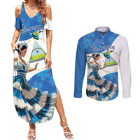 Felices Fiestas Patrias Nicaragua Couples Matching Summer Maxi Dress and Long Sleeve Button Shirt Bailes Nicaraguan Girl - Wonder Print Shop