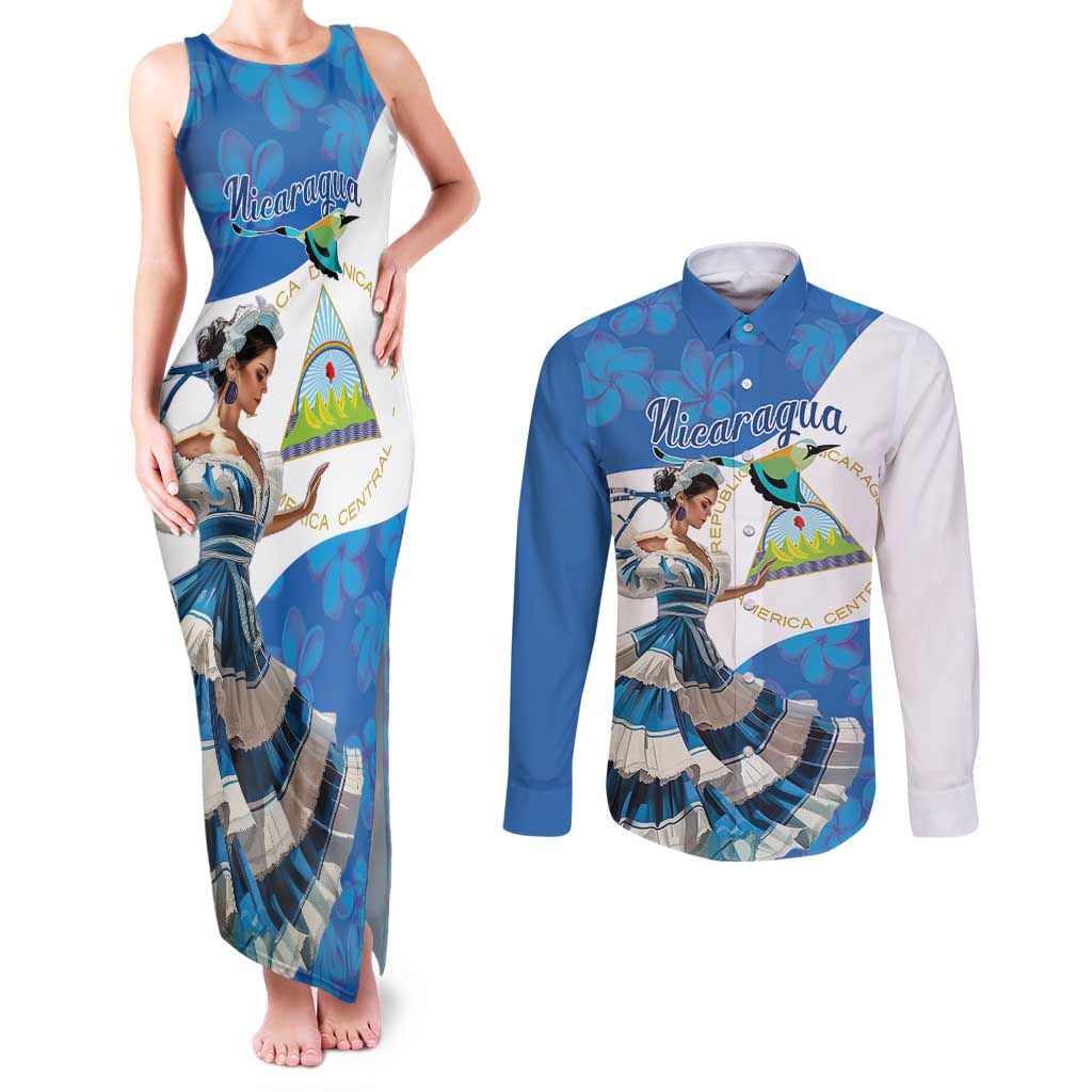 Felices Fiestas Patrias Nicaragua Couples Matching Tank Maxi Dress and Long Sleeve Button Shirt Bailes Nicaraguan Girl - Wonder Print Shop